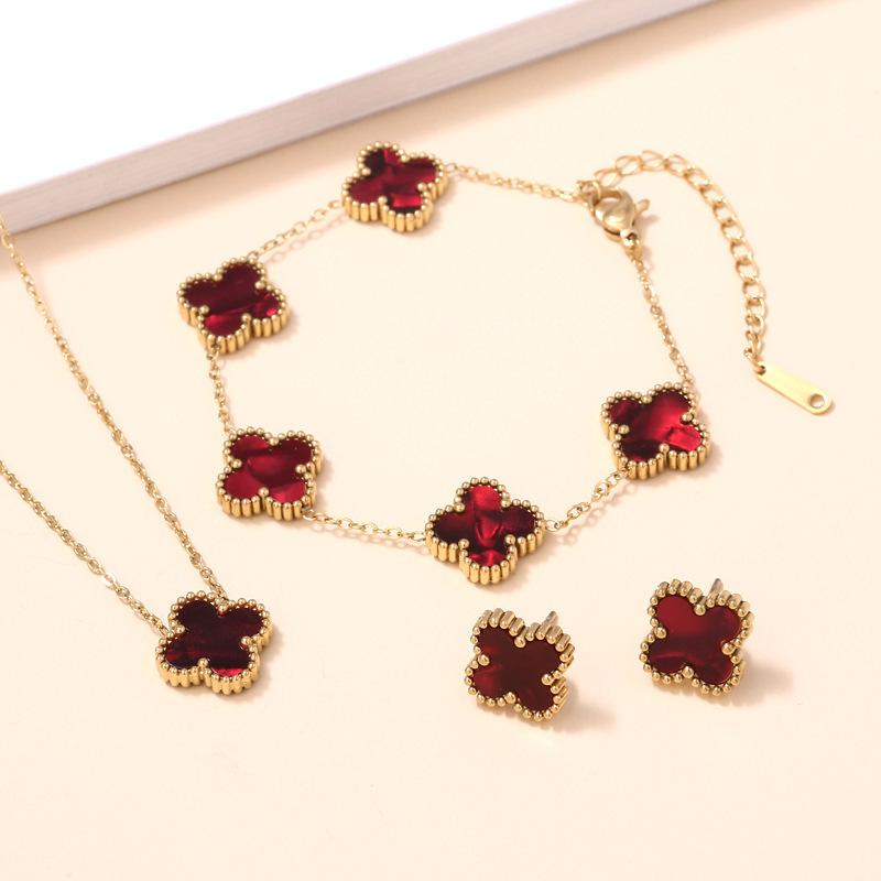 3PCS Double-sided Clover Jewelry Necklace Bracelet Earring Set