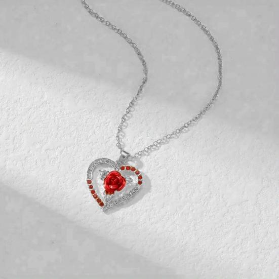 Women Necklace Rhinestone Heart Red Rose Pendant Contrast Color Polished Alloy Symbol of Passionate Love Neck