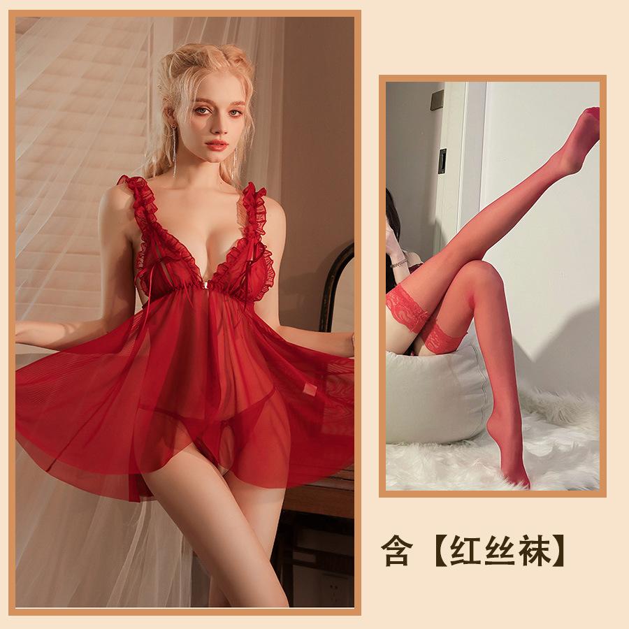 Сексуальное нижнее белье сексуальная пижама женская соблазнительная грудь разрезная сетка полые подтяжки перспектива ночная рубашка костюм женский