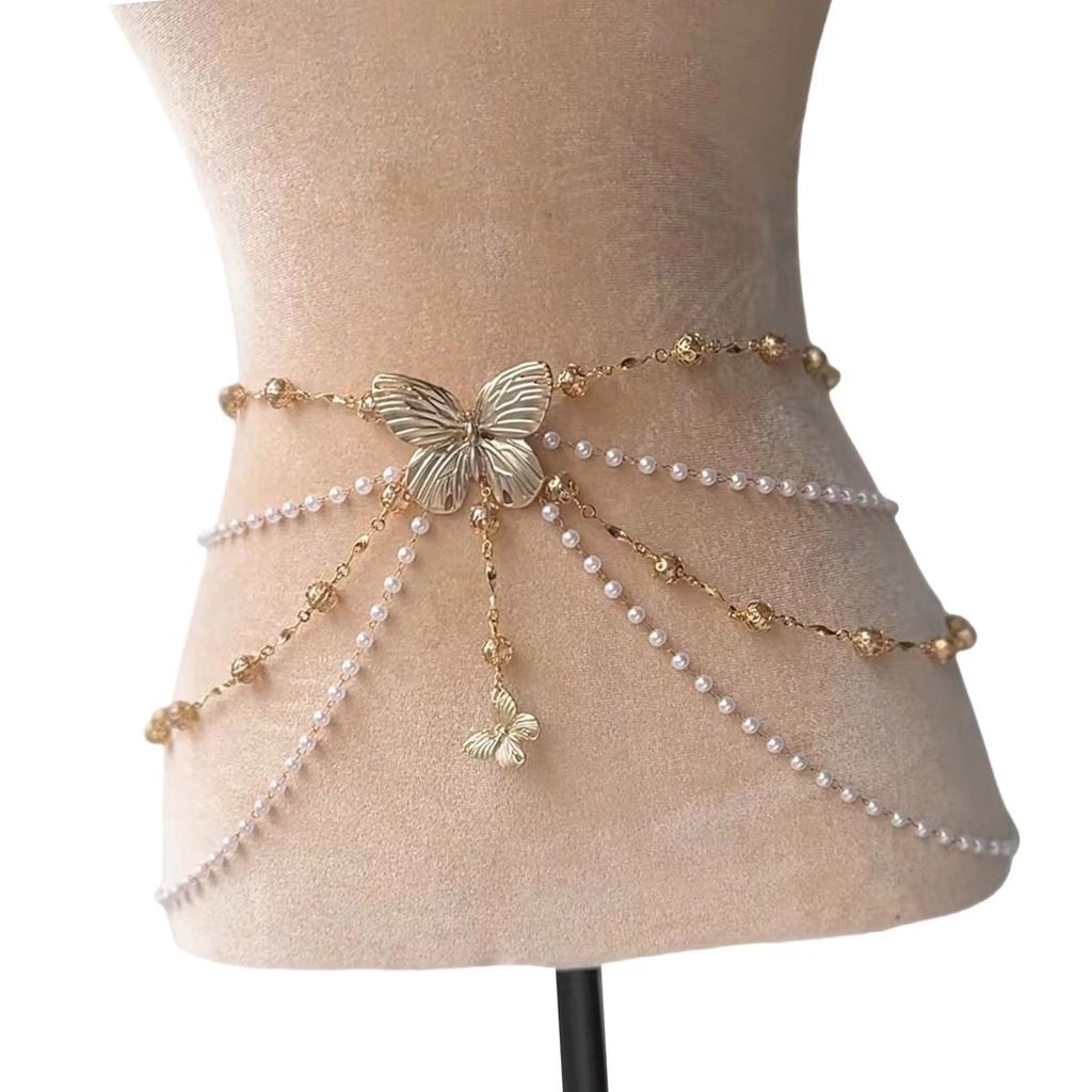 Elegant Flower Butterfly Pearl Waist Chain Multilayer/Single Layer Body Chain Decorative Belly Decor for Fashion Women