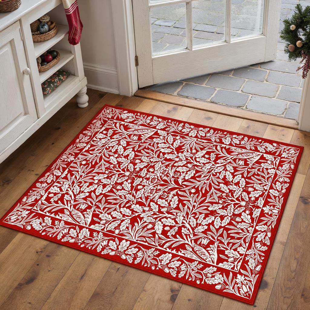 Christmas Large Area Rug Living Room Rug Machine Washable Rugs Low Pile Carpet Indoor Door Mat Red/White Non-Slip Snowflake Rug