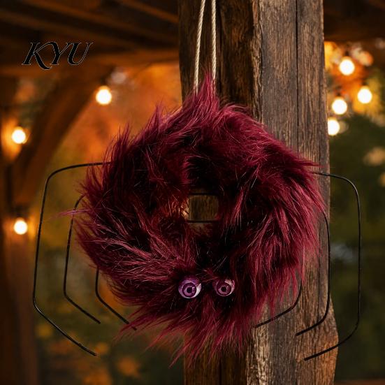 Front Porch Decor Accents Halloween Fluffy Wreath for Door, Cute Furry Spider Hanging Bat Cabin Props with Pom Poms Party Home Wall Fireplace