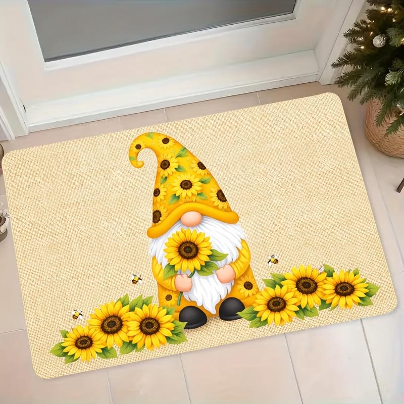 1pc Flannel Mat Sunflower Gnome Bee Print Entrance Door Mat Bathroom Bedroom Non-Slip Water-Absorbing Mat Pastoral Home Decor Mat
