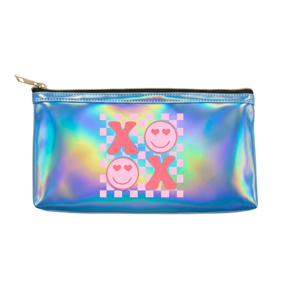 Cute Pink Checkerboard Heart Print Laser Cosmetic Makeup Bag, Iridescent Holographic Toiletry Pouch Organizer for Travel Vacation Beauty Storage