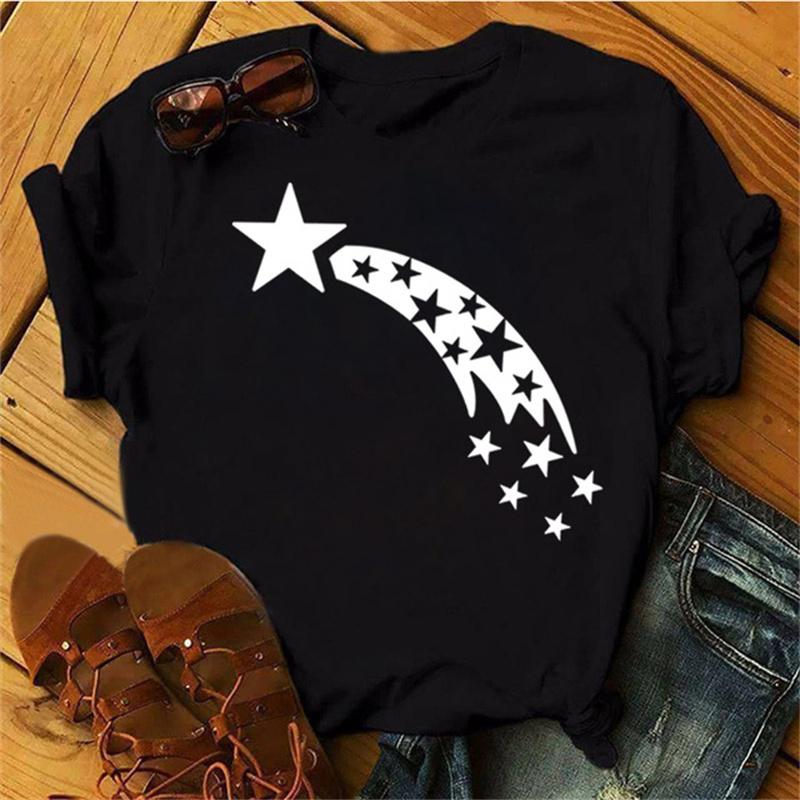 Maycaur Woman Star Moon Print Harajuku Летние футболки Повседневная футболка с круглым вырезом и коротким рукавом Женская черная футболка Прямая поставка