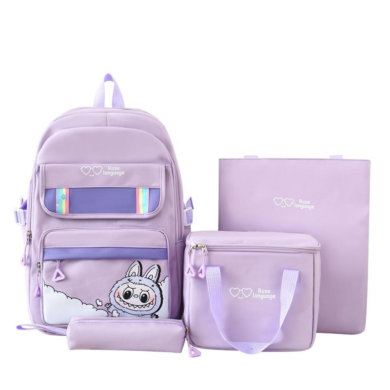 New Student Schoolbag Large Capacity Cartoon Four Piece Set Backpack Cute Primary and Secondary School Students Backpack Meal Bag Tutoring Bag