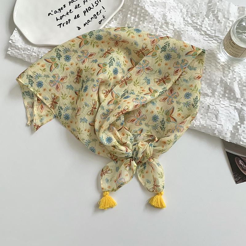 Премиальный хлопковый и льняной шелковый шарф, шарф для защиты шеи, маленький свежий квадратный шарф, цветочный платок для головы, повязка для волос, аксессуары для волос с бахромой