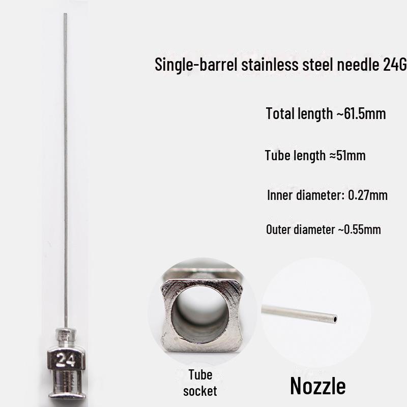 Дозирующая игла из нержавеющей стали с плоским кончиком, общая длина 61,5 мм, длина трубки 50 мм.
