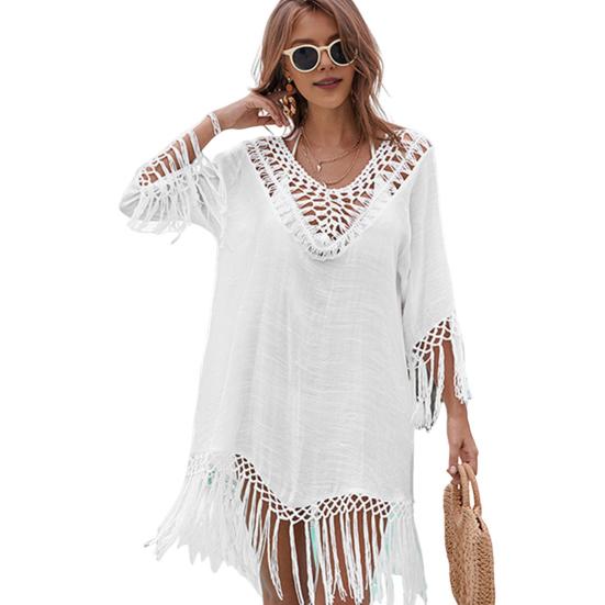 Пляжное платье-накидка с V-образным вырезом, тканое, с ажурным вырезом, манжетами и бахромой, подол, прикрытие бикини, защита от ультрафиолета, пляжное платье