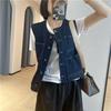 Korean Style Retro Dark Blue Round Neck Denim Vest - Women's Petite Sleeveless Fashion for Spring & Autumn