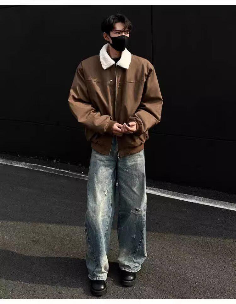 Мужской ретро-цельный пальто из шерсти ягненка тай-дай с бархатной подкладкой, отложным воротником и кожаными акцентами