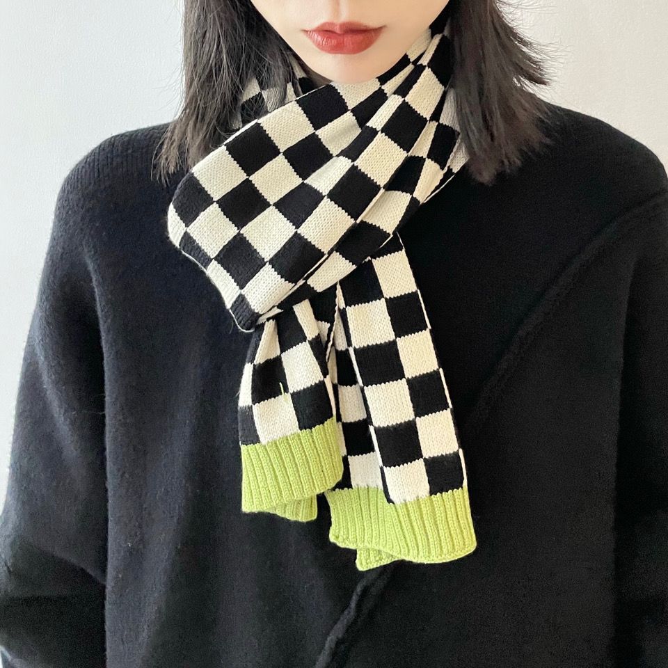 New Korean Style Checkerboard Scarf for Women Trendy Cotton Warm Thickened Scarf for Men Winter