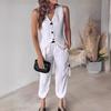 Летний женский белый полосатый жилет костюм повседневный V-образный вырез пуговиц сверху карман свободные брюки наряды костюм из двух частей для женщин элегантный