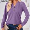Осенне-зимняя однотонная свободная футболка с V-образным вырезом и длинными рукавами на пуговицах для женщин