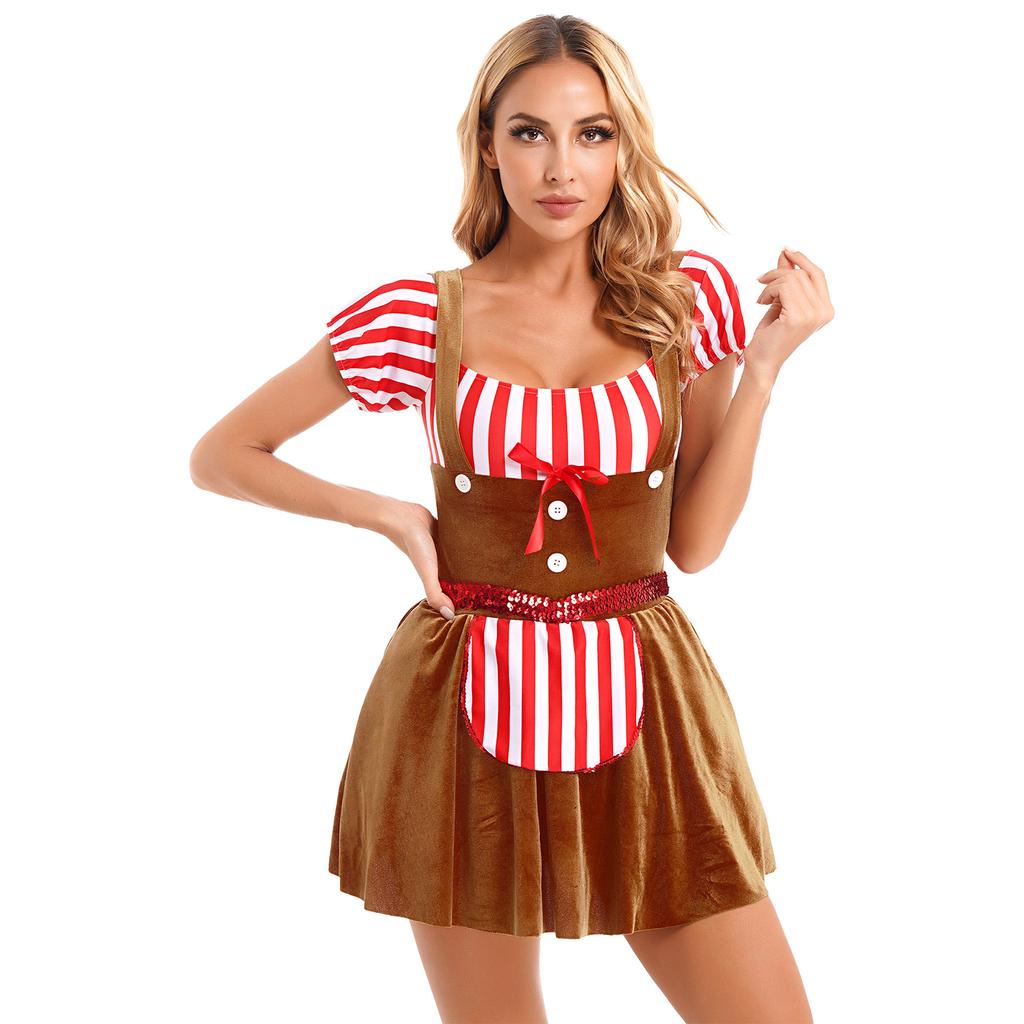 Womens Gingerbread Costume Oktoberfest Outfits German Bavarian Dress Dirndl Dress Halloween Fancy Dress Theme Party Dress Up
