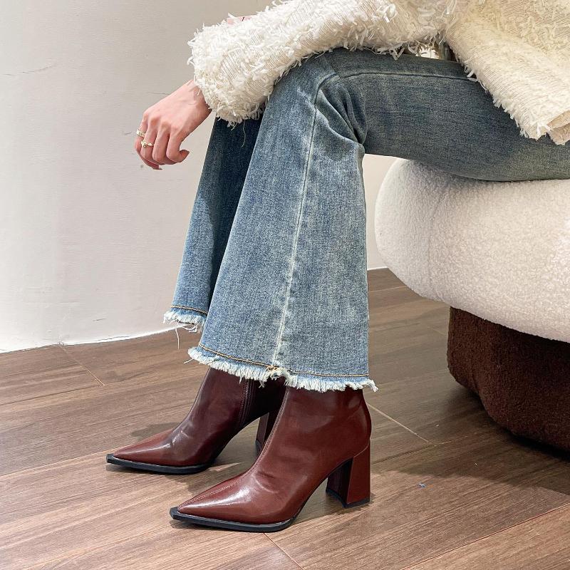 Женские ботильоны с острым носком, модные элегантные туфли из мягкой кожи, женские современные короткие ботильоны на толстом каблуке