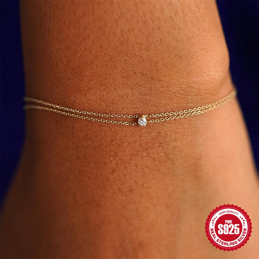 Стильный и простой женский свадебный браслет из стерлингового серебра 925 пробы с двойной цепочкой и бриллиантами