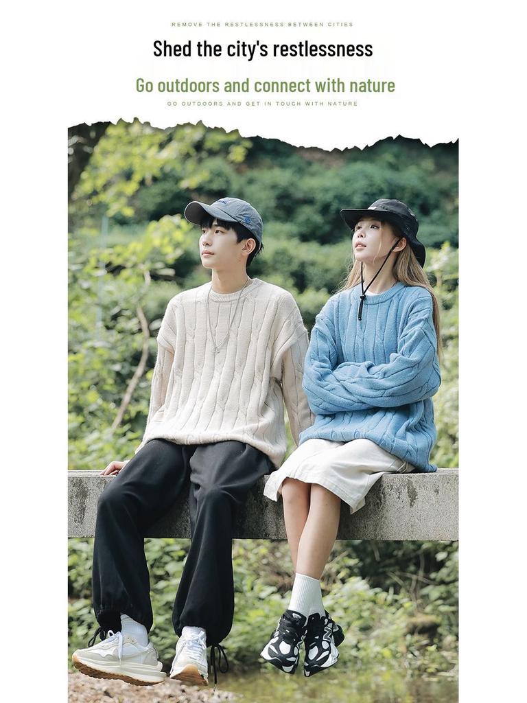 2026 Youth Japanese Style Chunky Knit Loose Sweater for Men - Autumn/Winter Long Sleeve Round Neck Trendy Couple Knitwear