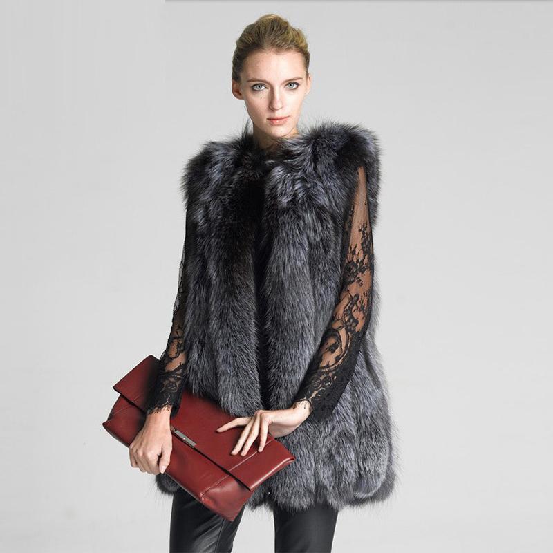 Women Silver Gray Long Faux Fur Vest Female Winter Thick Warm Artificial Fur Gilet Fuzzy Coat Outerwear