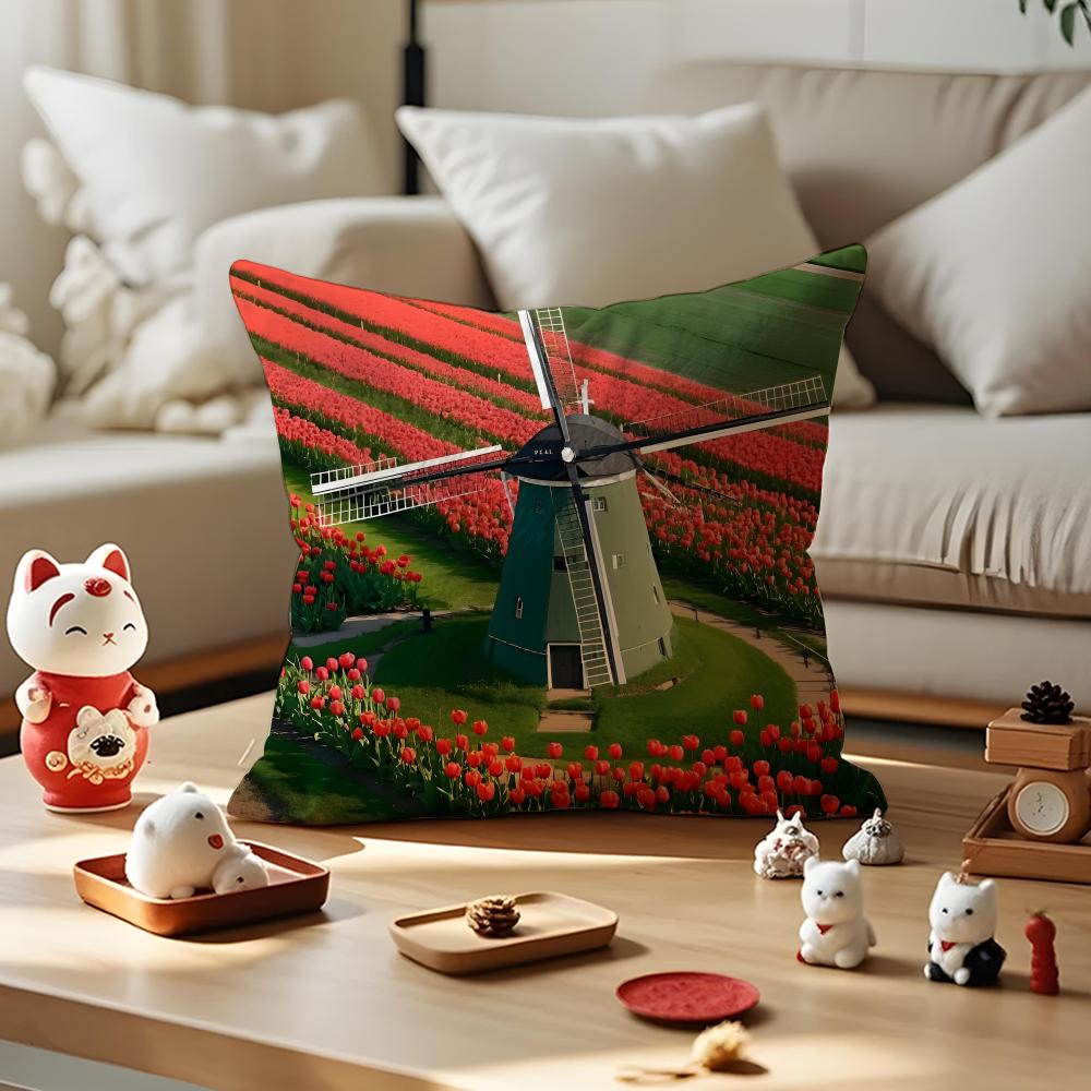 Dutch Windmills & Tulips Cushion Cover Anti-dustmite Pillowcase Invisible Zipper Silky Short Plush Sofa Cushion Cover