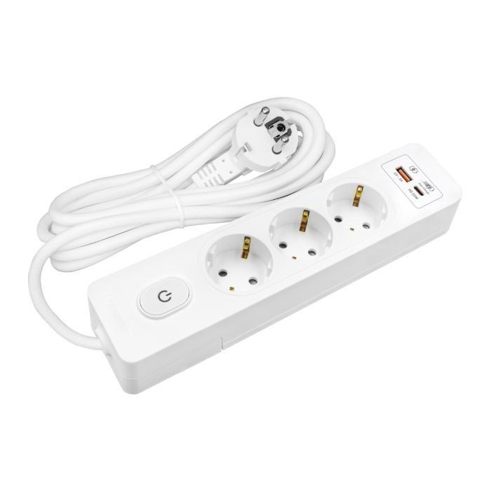 SELDUR G3TH12B Power Strip, 3 Type F Sockets + Switch, USB A+C Fast Charge 20W, White, 1.5m Cable