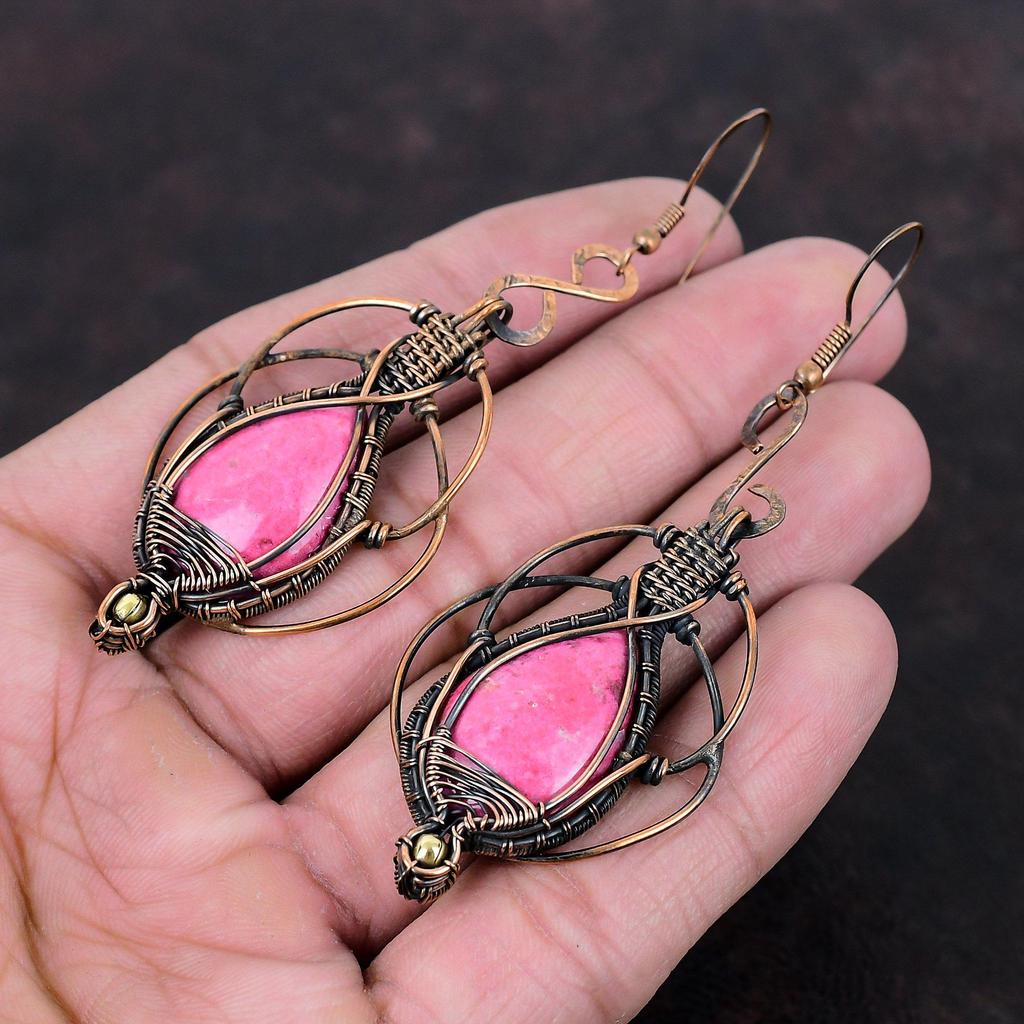 Серьги из тулита, серьги из медной проволоки, элегантные серьги, медные украшения, серьги ручной работы из натурального драгоценного камня, ювелирные изделия из проволочной обмотки для подарка