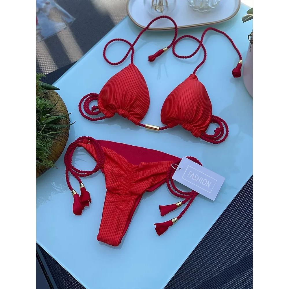 Женский купальник бикини из новой специальной ткани, однотонный, на веревочках, многоцветный