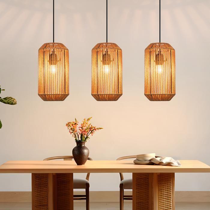 Lampe suspension rotin naturel NETTLIFE 3 lumières, Design bohème chic métal noir, Long, Luminaire E27 pour salle à manger salon