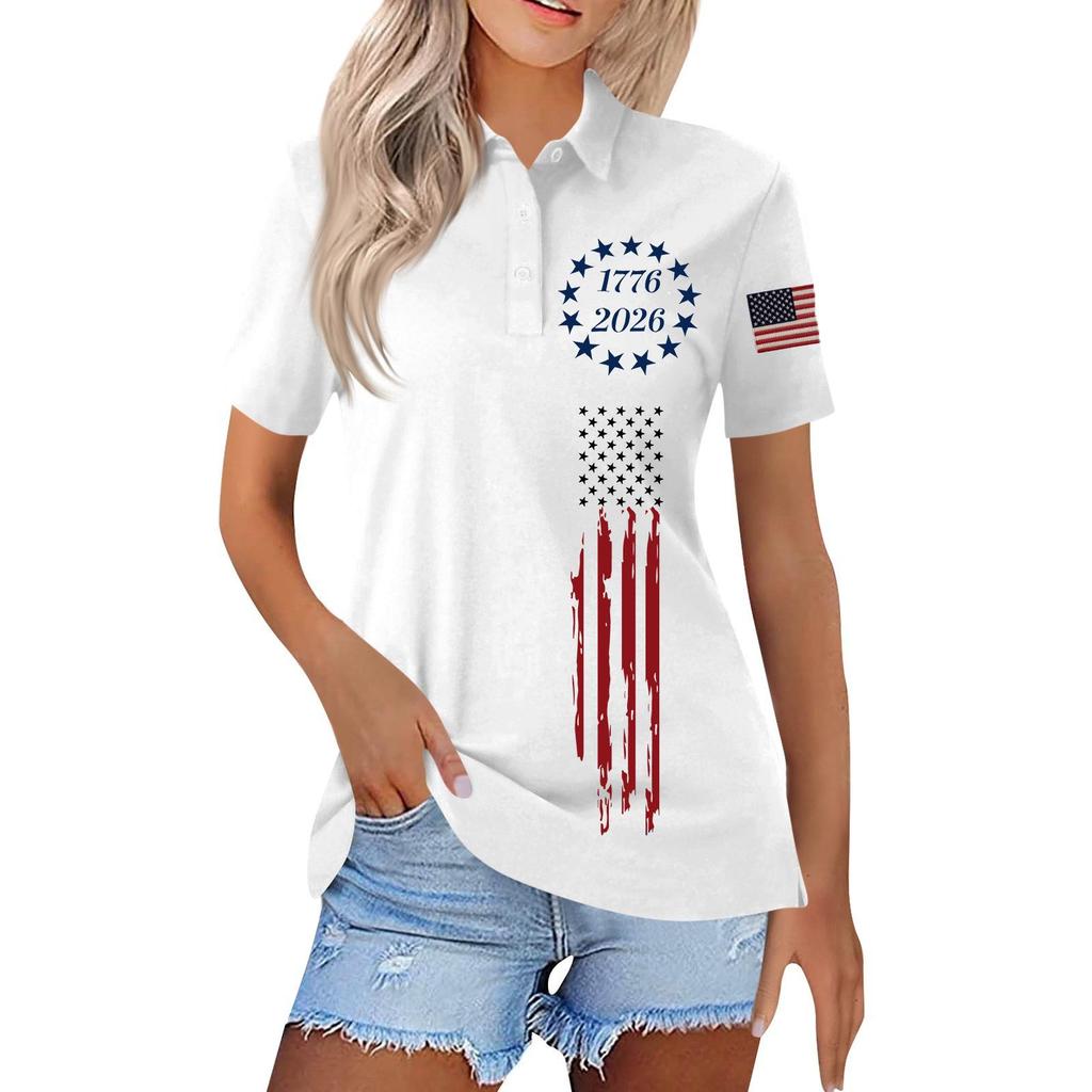Women’s Short Sleeve Polo Shirt with Printed Flag Design Button Front Collar Casual Fit Top for Everyday Wear