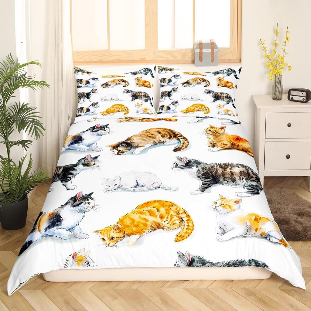 Kawaii Cat Duvet Cover Pink Bowknot Kitten Bedding Set Sweet Pet Animal Comforter Cover Princess Bow Girly Polyester Quilt Cover