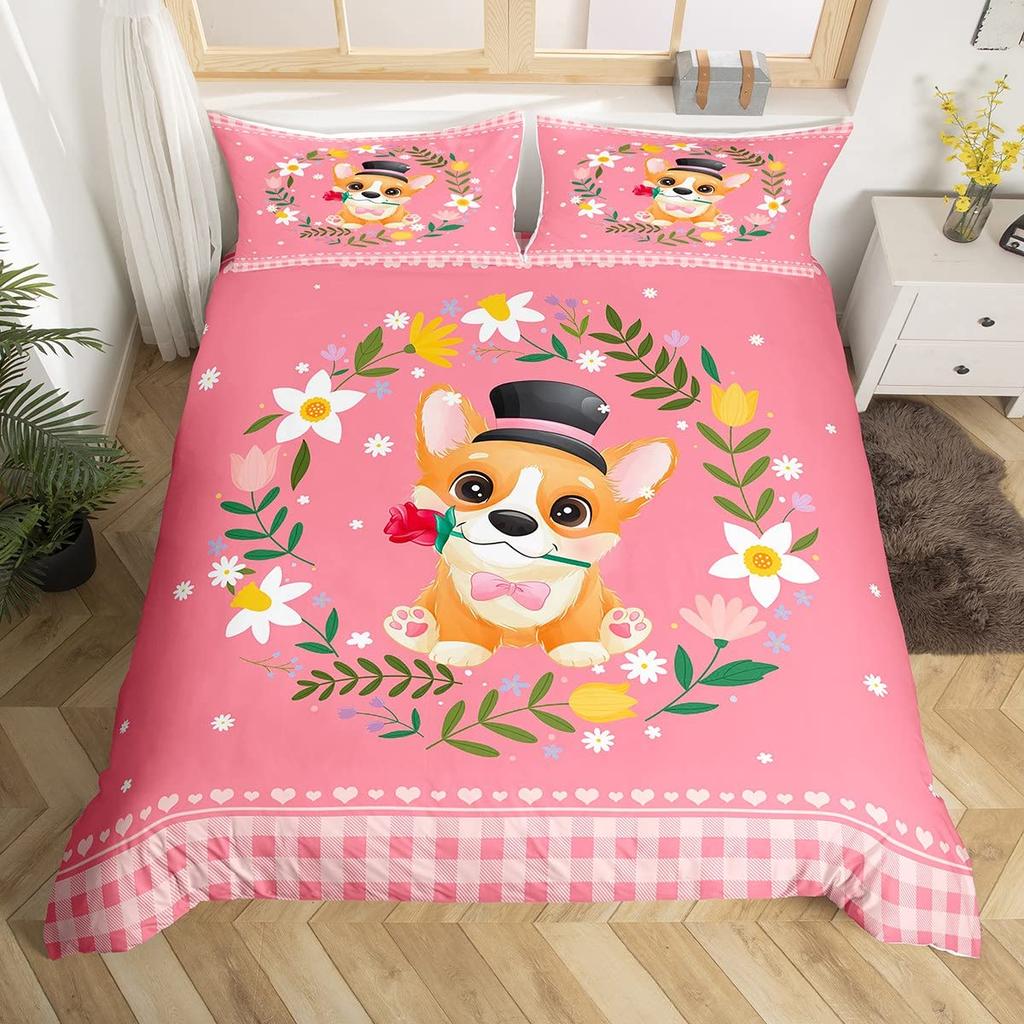 Comforter Kawaii Rabbit Cartoon Animal Bedding Set Geometry Grid Checkered Comforter Colorful Flowers Butterfly Bed Set