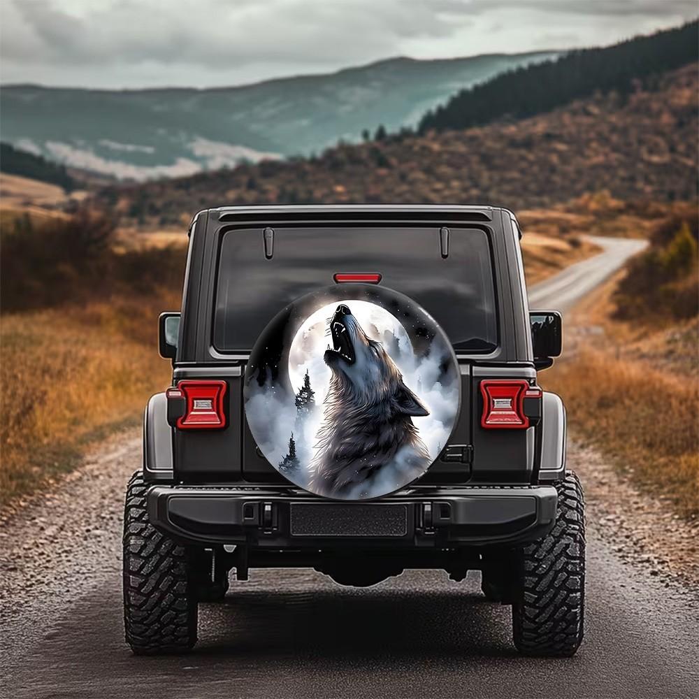 Night Wolf Howling Animal Print Spare Tire Cover Universal Wheel Protection for SUV Outdoor Driving