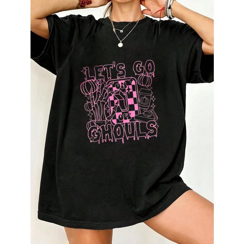Black Oversized T-Shirt With Pink Let's Go To The Ghouls Halloween Print For Casual Wear And Party Outfits