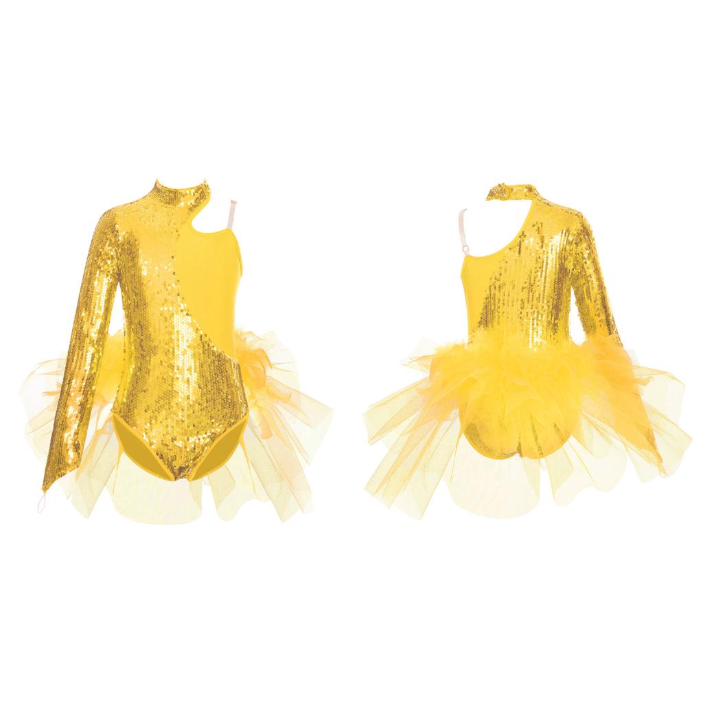 Детский купальник с тюлевой юбкой и блестками для девочек, комбинезон на одно плечо с длинными рукавами, танцевальное боди, танцевальная одежда