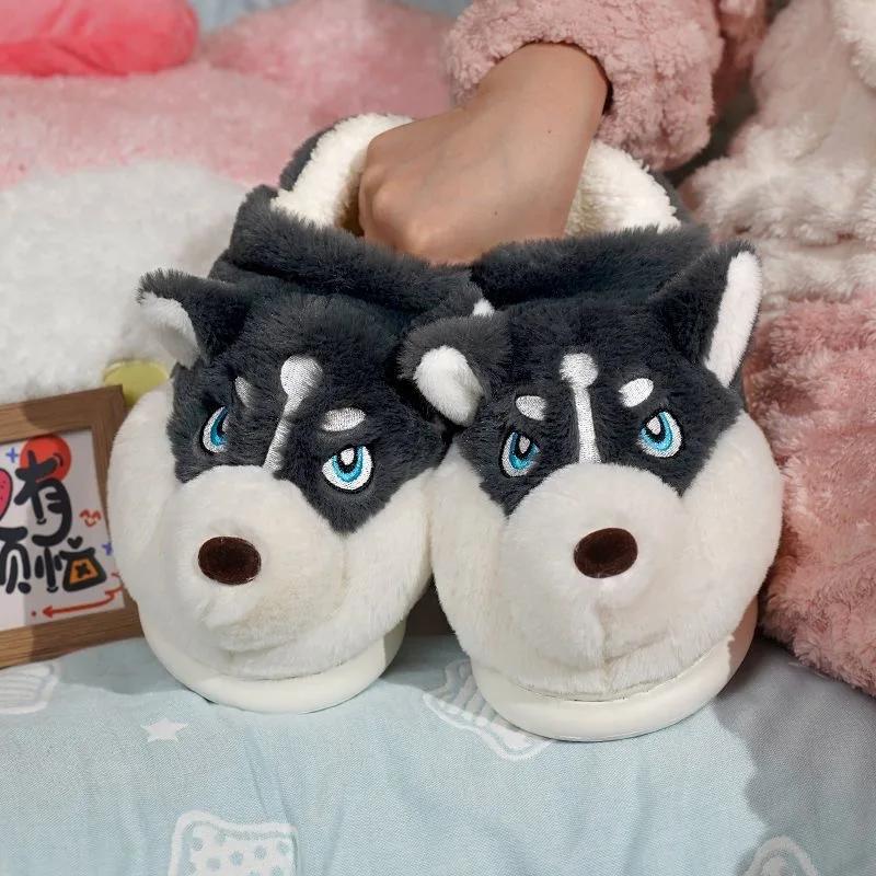 Fashion Women Indoor Cotton Slippers Cute Cartoon Dog Winter Warm Shoes Couples Home Floor Slides Anti-slip Female Male House Footwear