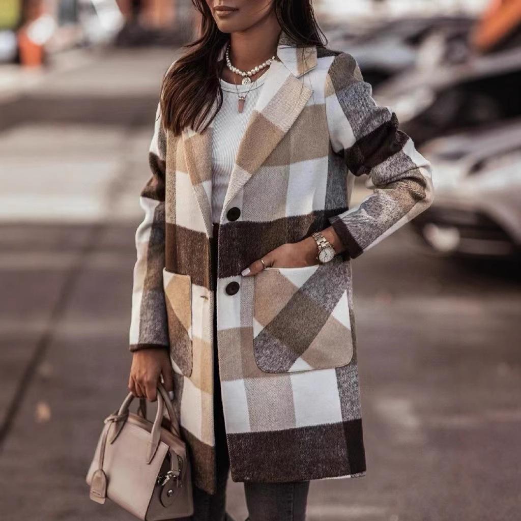 Длинное шерстяное пальто в клетку 2025: Женская демисезонная/зимняя верхняя одежда с лацканами, однобортный дизайн.