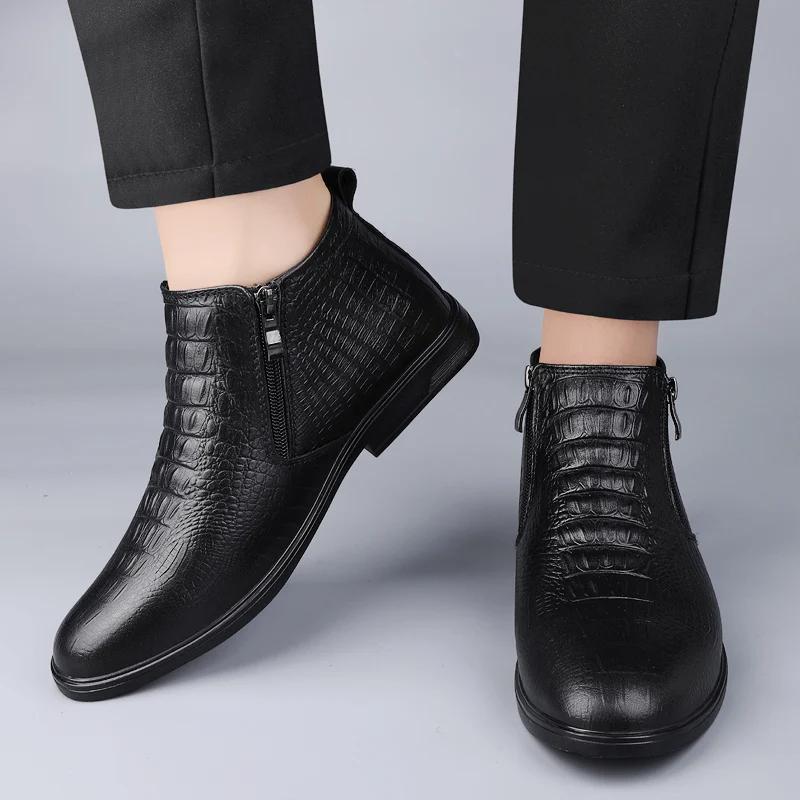 Модные зимние плюшевые мужские ботинки челси из натуральной кожи, кожаные мужские дизайнерские ботильоны, модные повседневные деловые формальные ботинки, ковбойские сапоги