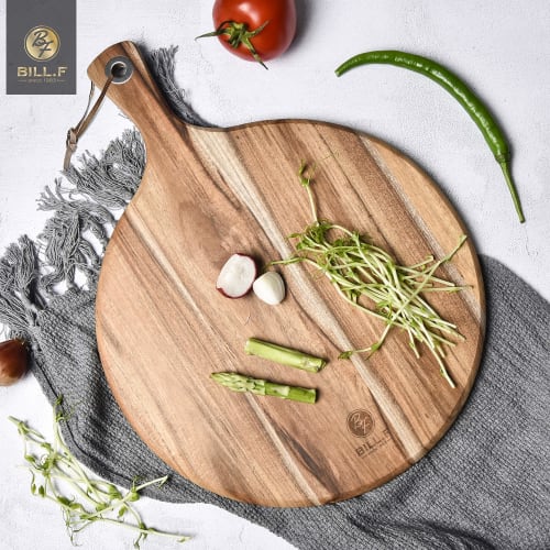 Acacia Wood Pizza Peel, 12-inch Cutting Board, Cheese Paddleboard with Handle for Bread and Cracker Serving and Small Food Prep - 16 x 12 x 0.5 Inches