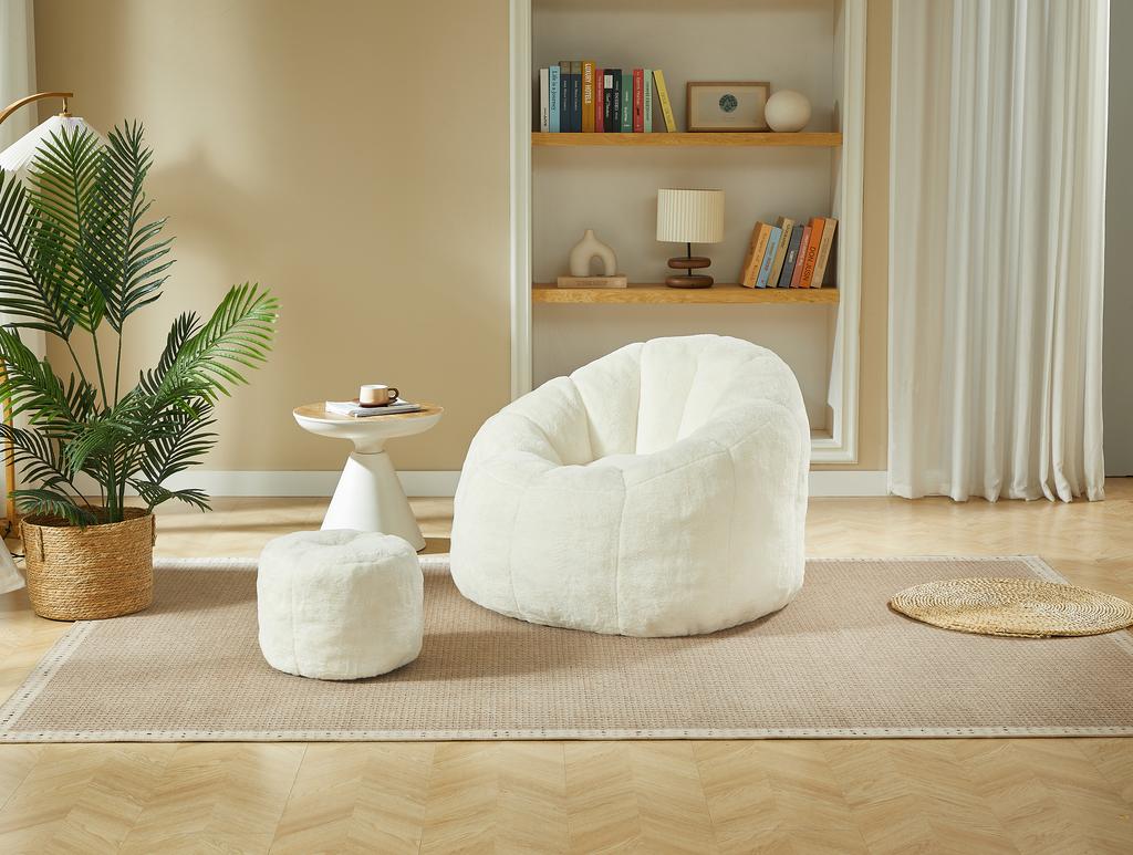 Soft Flower-Shaped Bean Bag Chair for Adults with Footstool, Vacuum-Packed Without Assembly, Ideal for Living Room, Bedroom & Balcony, Cream White