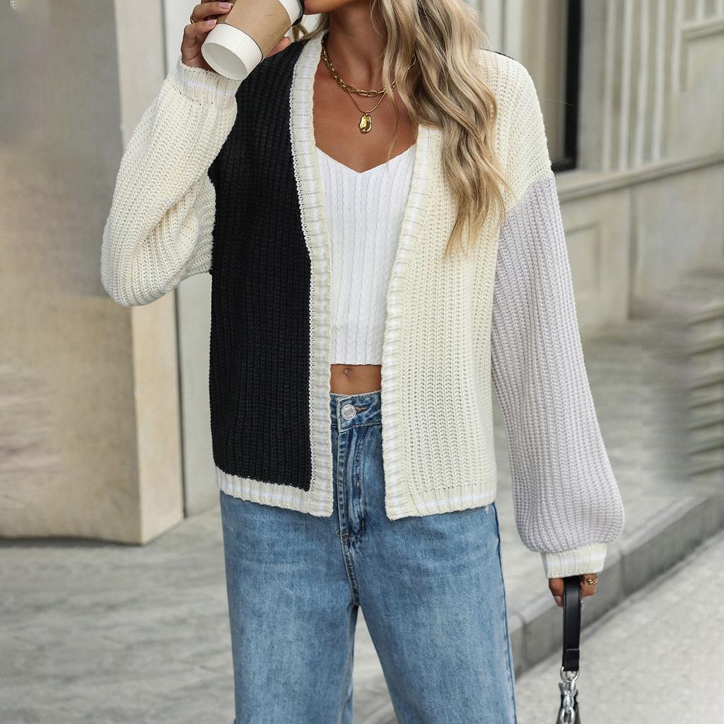 Women's Fashion Loose Splicing  Knitted Cardigan Coat Sweater