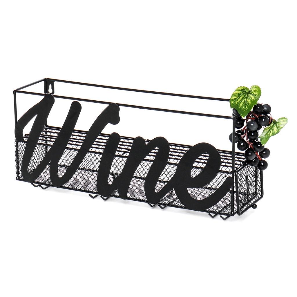 Black Wall Mounted Wine Rack Bottle Store Champagne Shelf With 4 Built-in Wine Glass Holders And Extra Cork Tray 45x13x22cm