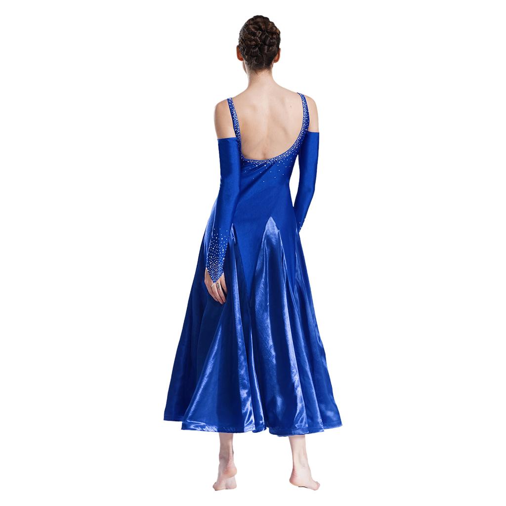 Женское бальное платье для танцев с V-образным вырезом, открытой спиной, открытыми плечами, блестящими стразами, расклешенным подолом, сценическое платье для выступлений