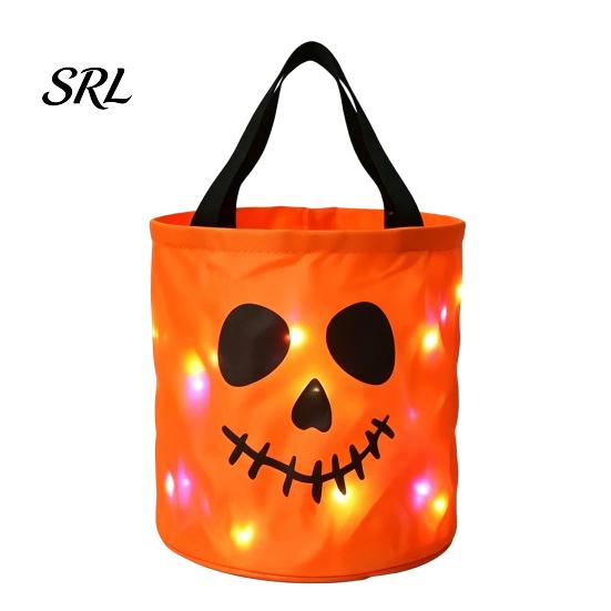 Decorative Containers for Sweets Halloween Glowing Pumpkin Candy Bag LED Light up Trick or Treat Bucket Bags Reusable Waterproof Oxford Fabric