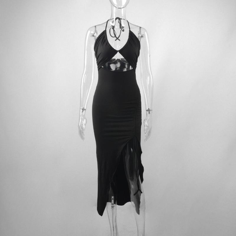 Summer Sexy Dress For Women Sleeveless Backless Hollow Out Party Dress Fashion Lace-up Halter Bodycon Elegant Split Dress