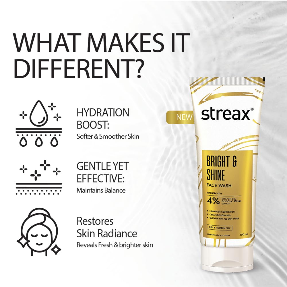 Streax Bright & Shine Face Wash 100 ml With Vitamin C Glycolic Acid Serum For Glowing Skin Daily Use