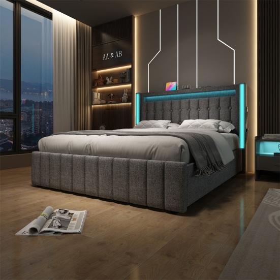 Charging Function Bed Upholstery USB Type C Led Lighting and 4 Drawers Youth Beds Double Storage Bed Slatted Frame Made Of Wood Gray (without