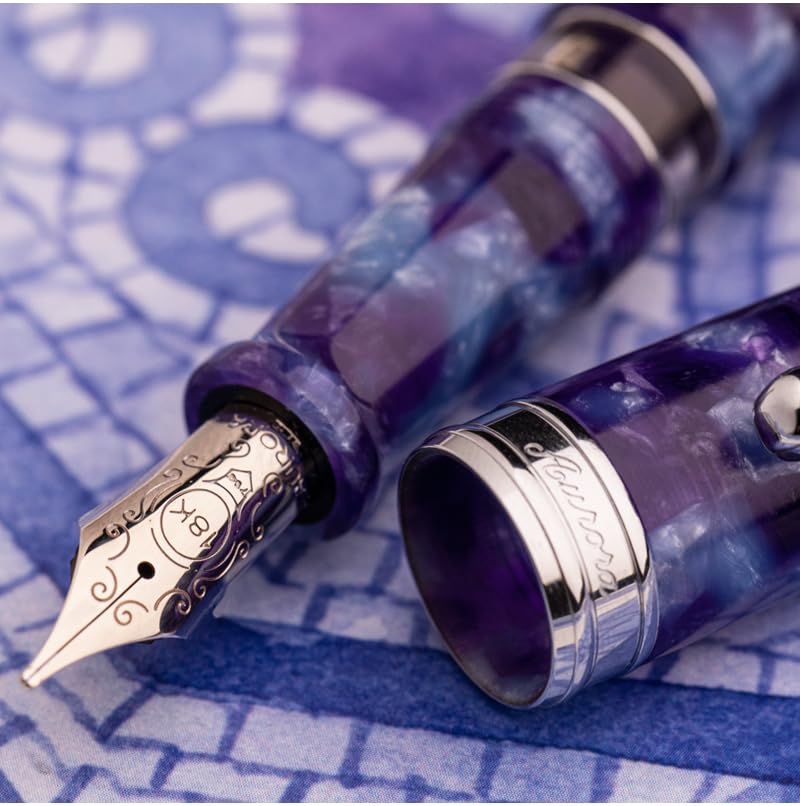 Aurora Fountain Limited Edition of 888 Italian Mysterious Baia di Deep Violet Blue 18K Piston Fine Nib F Pen, Pieces, Journey, Napoli, & CT, Gold,