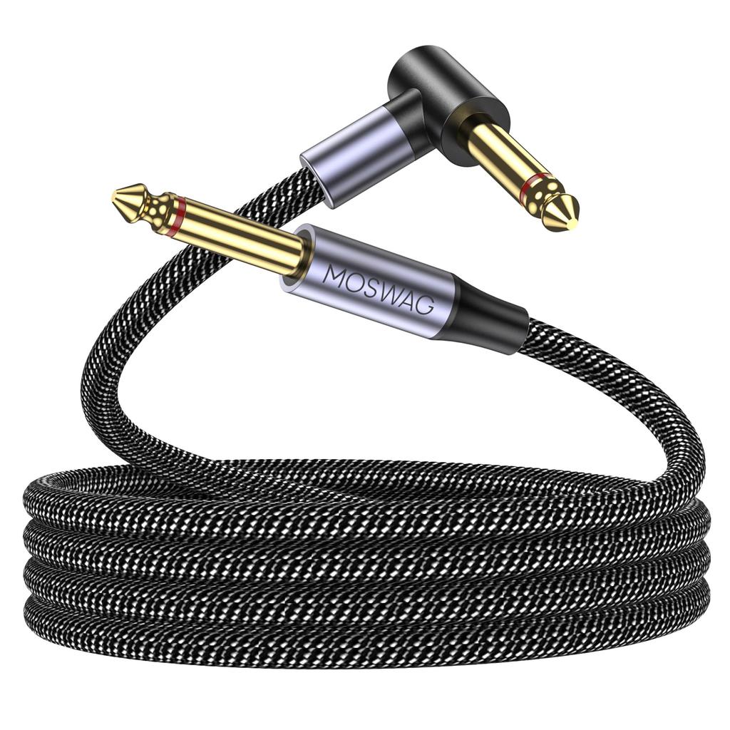 MOSWAG Guitar Cable 5m Shielded 6.35mm TS Instrument Straight to Right Angle L-Shaped Plug OFC Copper Low Noise for Electric Bass Keyboard