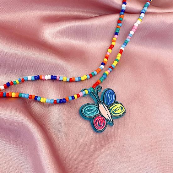 Женский комплект ожерелья, штабелируемые красочные кулонные бусины с цветком и бабочкой, двухслойные, гладкие, в богемном стиле, регулируемые
