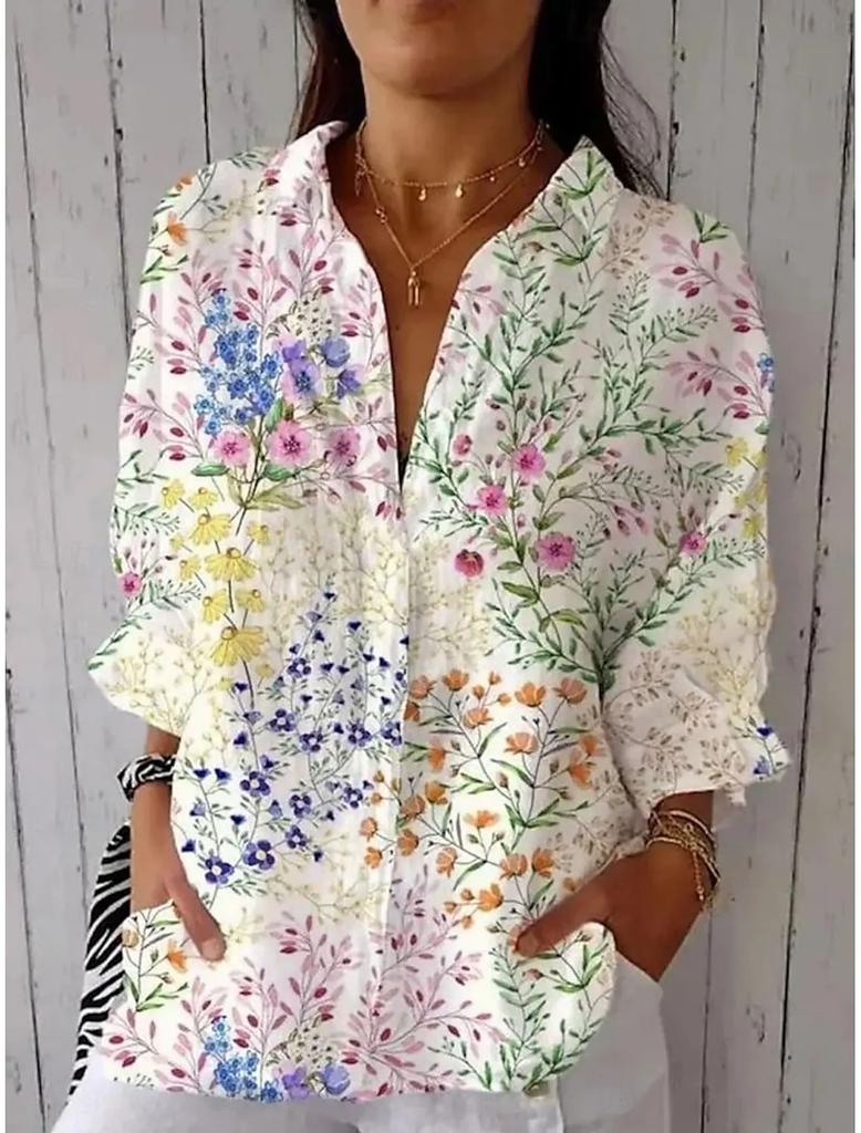 Women Shirts Floral Graphics Blouse Spring Autumn Lapel Neck Blouse Women Long Sleeve Shirts Womens Clothes Female Clothing